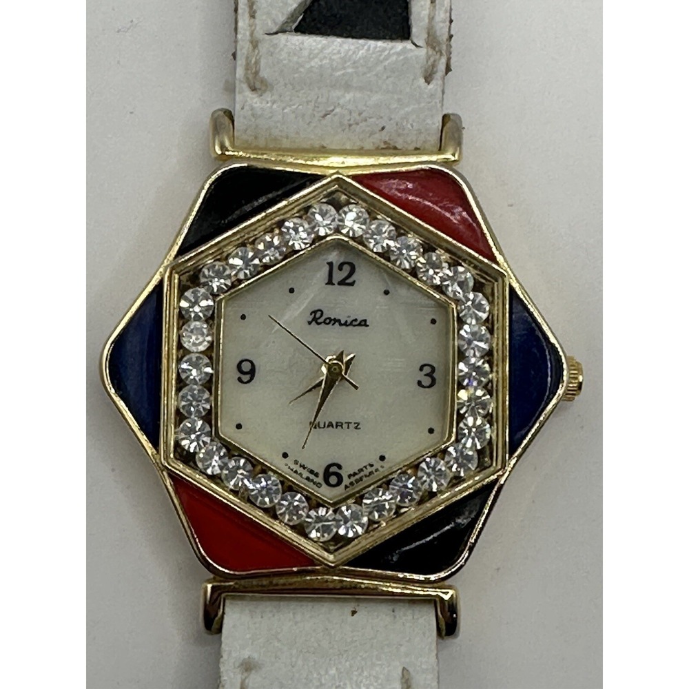 Ronica Womens Hex Watch Leather Band New Battery Multicolor MOP Dial‎ 31MM Y